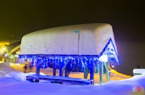Snow lies atop a roof in Val Thorens